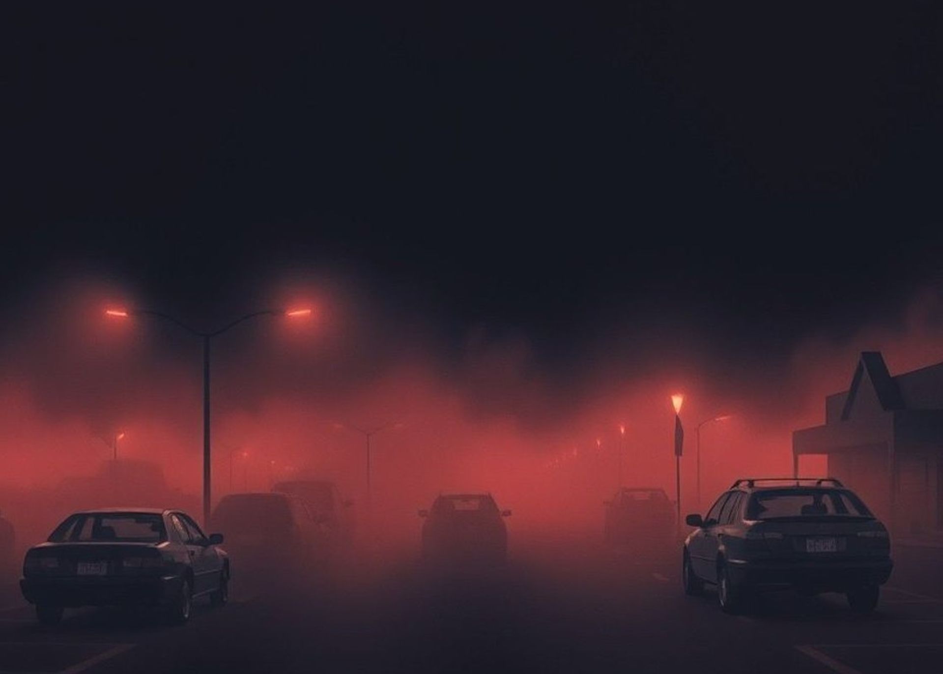 Niebla densa cubriendo el estacionamiento de un supermercado al atardecer, atmósfera ominosa