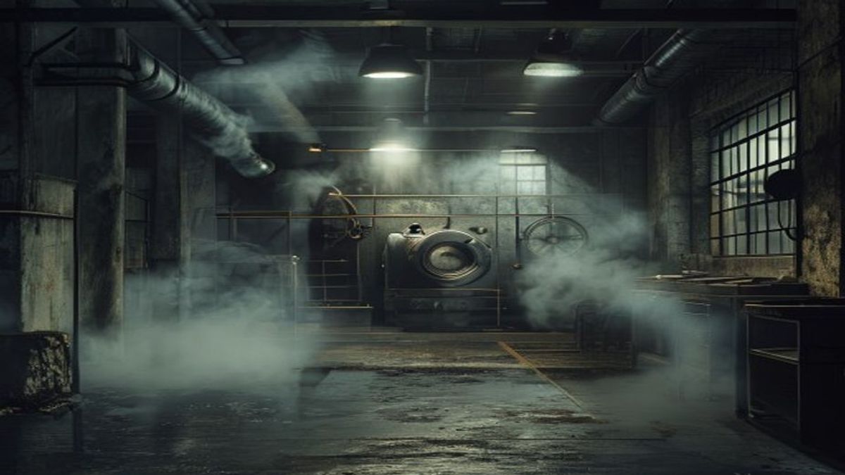 Interior de una lavandería industrial antigua de noche, con una gran planchadora a vapor y piso de cemento húmedo