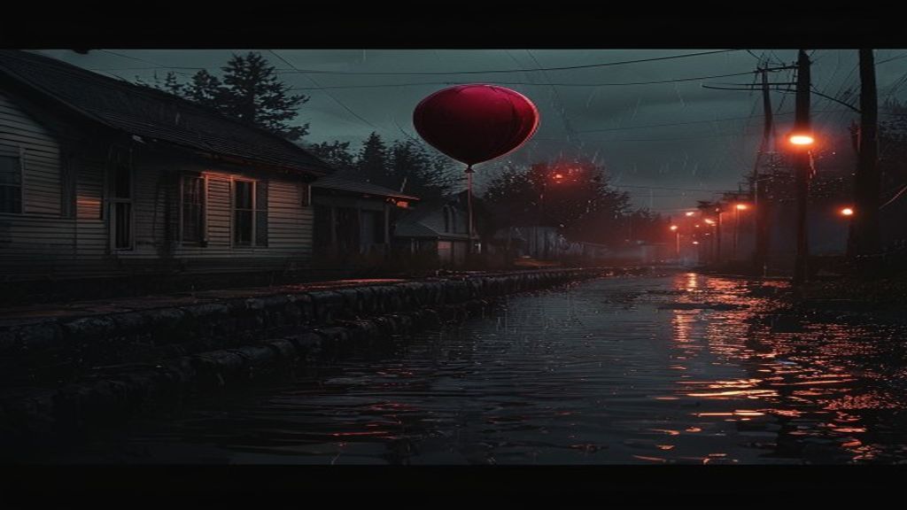 Un globo rojo flotando sobre una alcantarilla inundada en una calle lluviosa al atardecer, atmósfera de terror