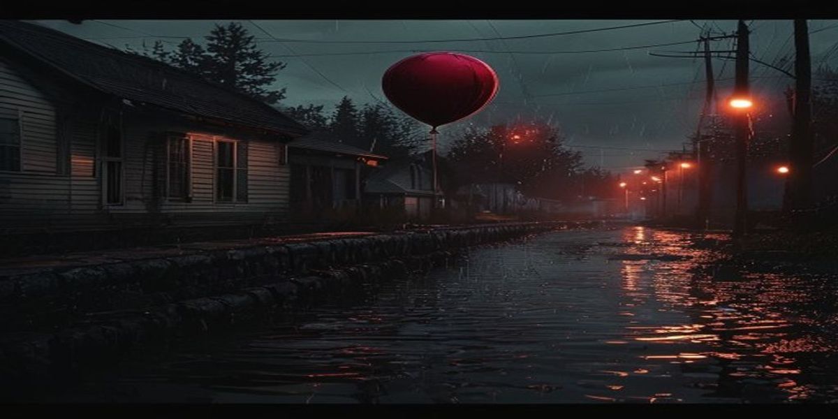 Un globo rojo flotando sobre una alcantarilla inundada en una calle lluviosa al atardecer, atmósfera de terror