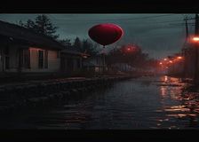 Un globo rojo flotando sobre una alcantarilla inundada en una calle lluviosa al atardecer, atmósfera de terror