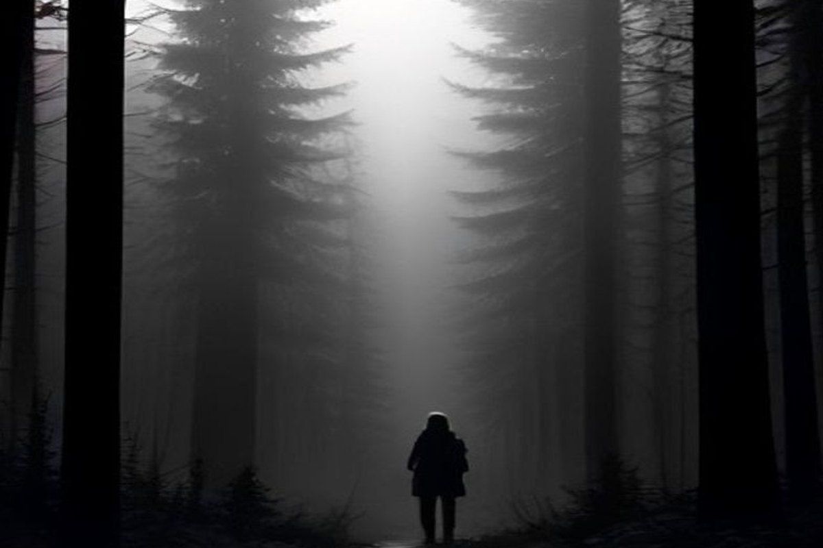 Niña perdida en un bosque denso y oscuro del sendero de los Apalaches, con el resplandor de una radio portátil en la mano