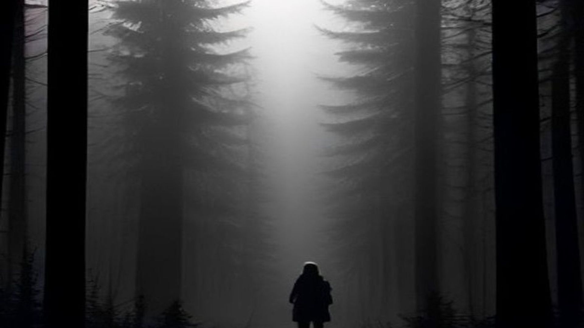 Niña perdida en un bosque denso y oscuro del sendero de los Apalaches, con el resplandor de una radio portátil en la mano