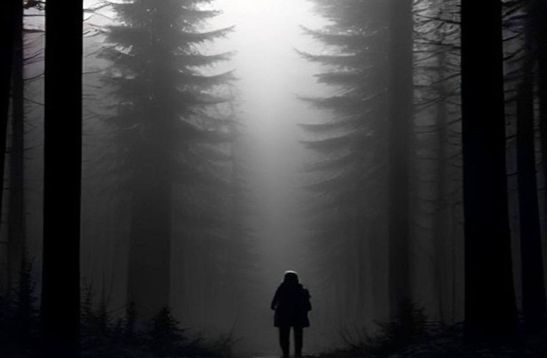 Niña perdida en un bosque denso y oscuro del sendero de los Apalaches, con el resplandor de una radio portátil en la mano