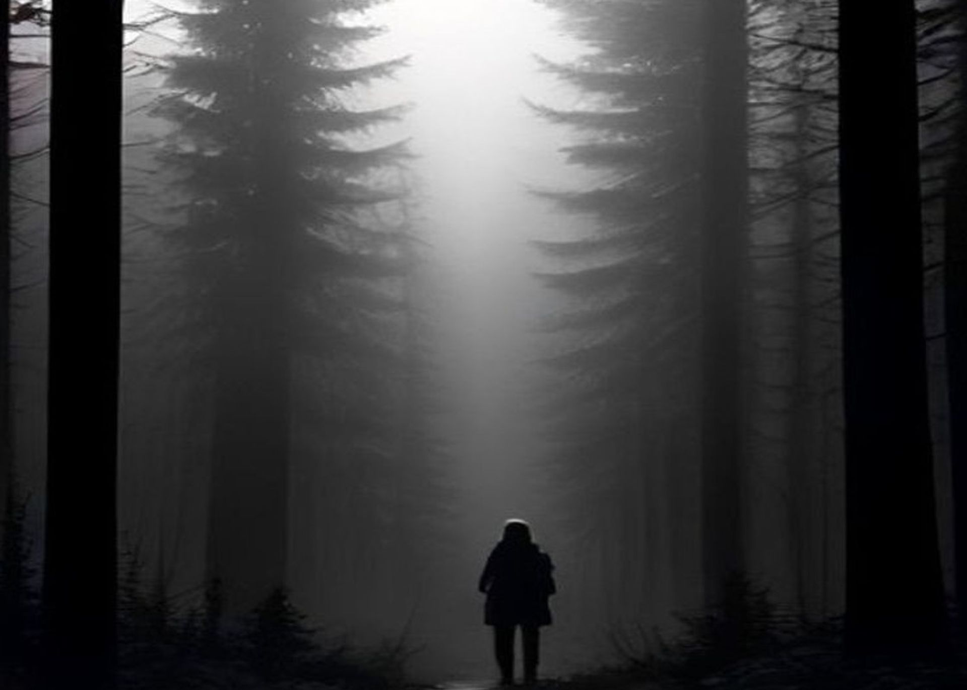 Niña perdida en un bosque denso y oscuro del sendero de los Apalaches, con el resplandor de una radio portátil en la mano