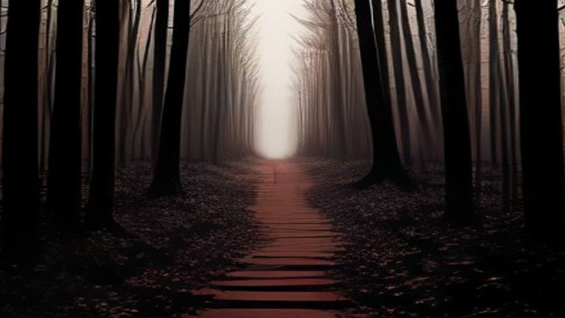 Sendero de tierra que se interna en un bosque de pinos al anochecer, con niebla densa