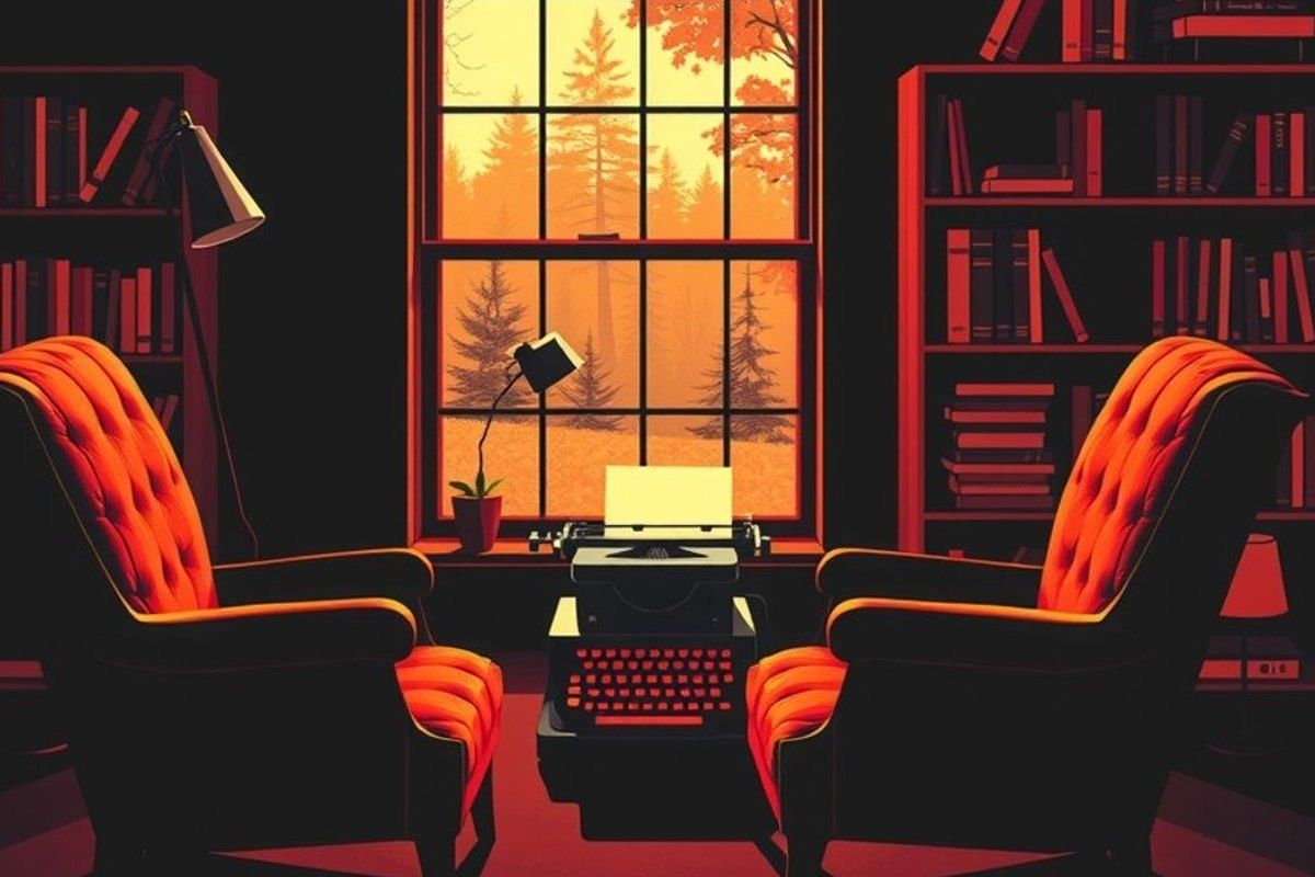 Un estudio de escritor en Maine en otoño, con dos sillones vacíos enfrentados, una máquina de escribir y una pila de libros