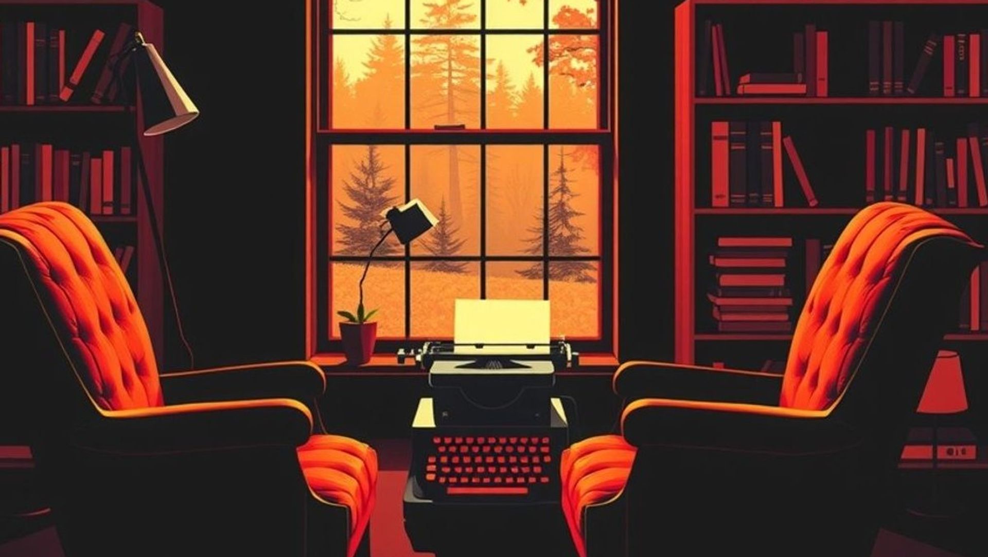 Un estudio de escritor en Maine en otoño, con dos sillones vacíos enfrentados, una máquina de escribir y una pila de libros