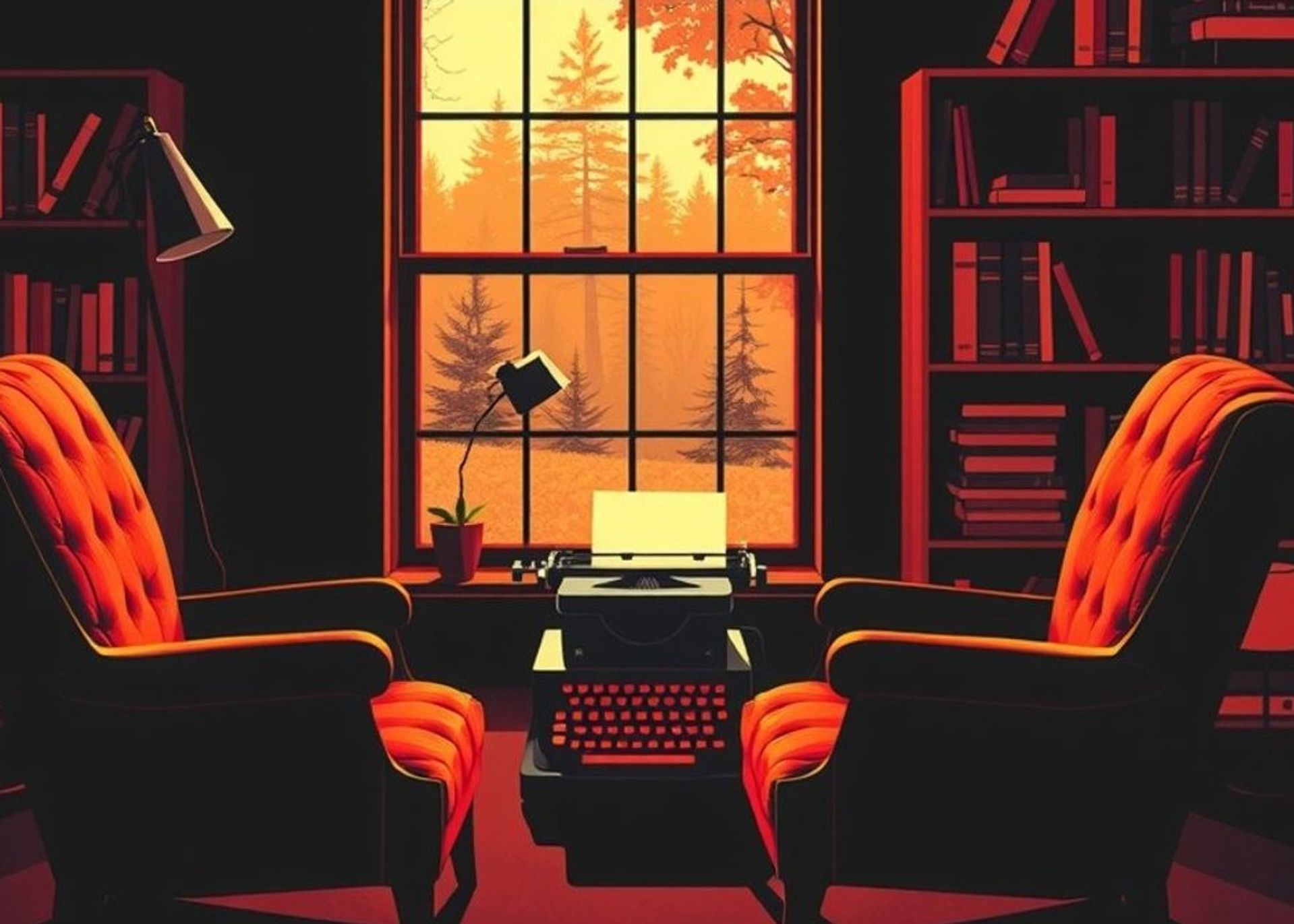 Un estudio de escritor en Maine en otoño, con dos sillones vacíos enfrentados, una máquina de escribir y una pila de libros