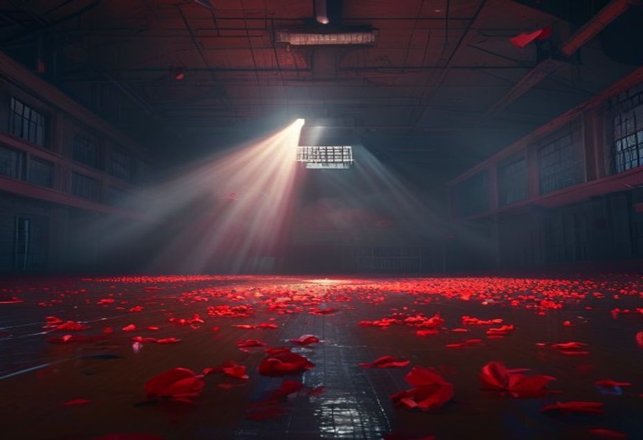 Un gimnasio escolar vacío decorado para un baile de graduación de noche, con un foco de luz y un resplandor rojo ominoso