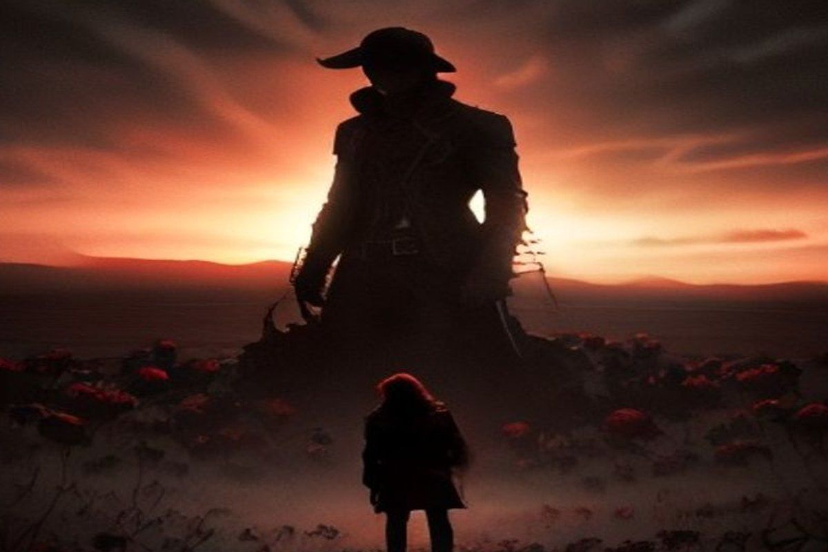 Pistolero solitario frente a una torre oscura en un campo de rosas rojas al atardecer