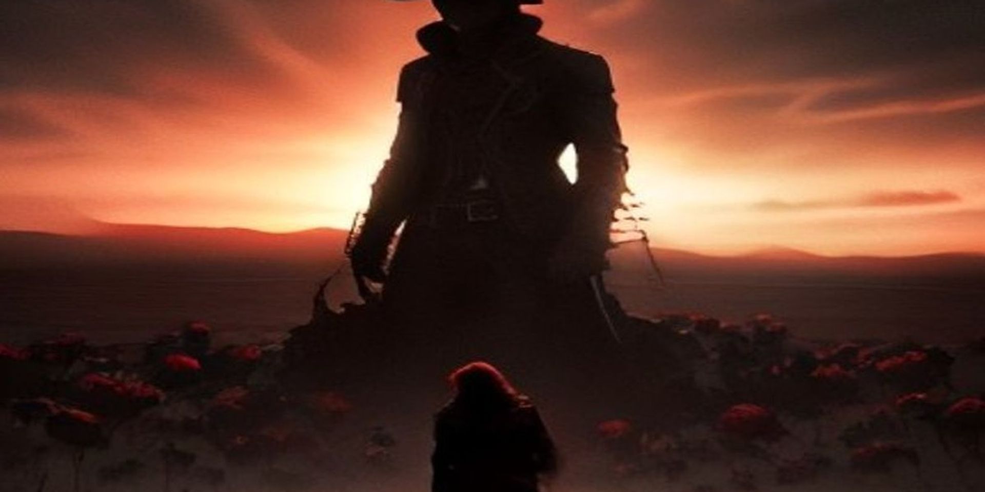 Pistolero solitario frente a una torre oscura en un campo de rosas rojas al atardecer