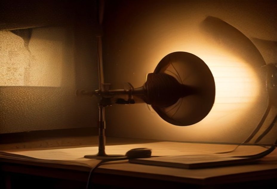 Micrófono de radio antiguo sobre un escritorio de madera en una cabina de grabación en penumbra, junto a auriculares y un libro