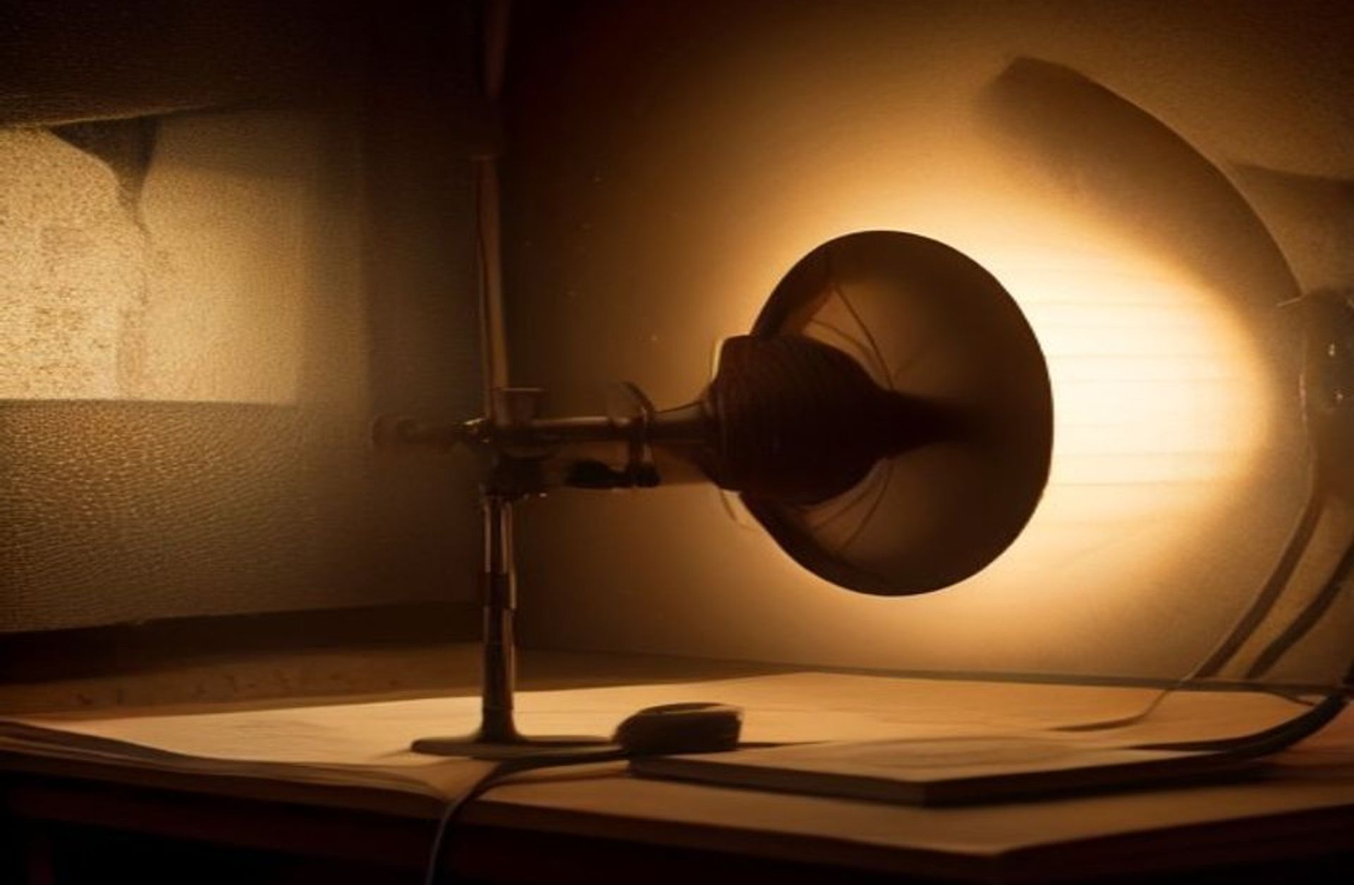 Micrófono de radio antiguo sobre un escritorio de madera en una cabina de grabación en penumbra, junto a auriculares y un libro