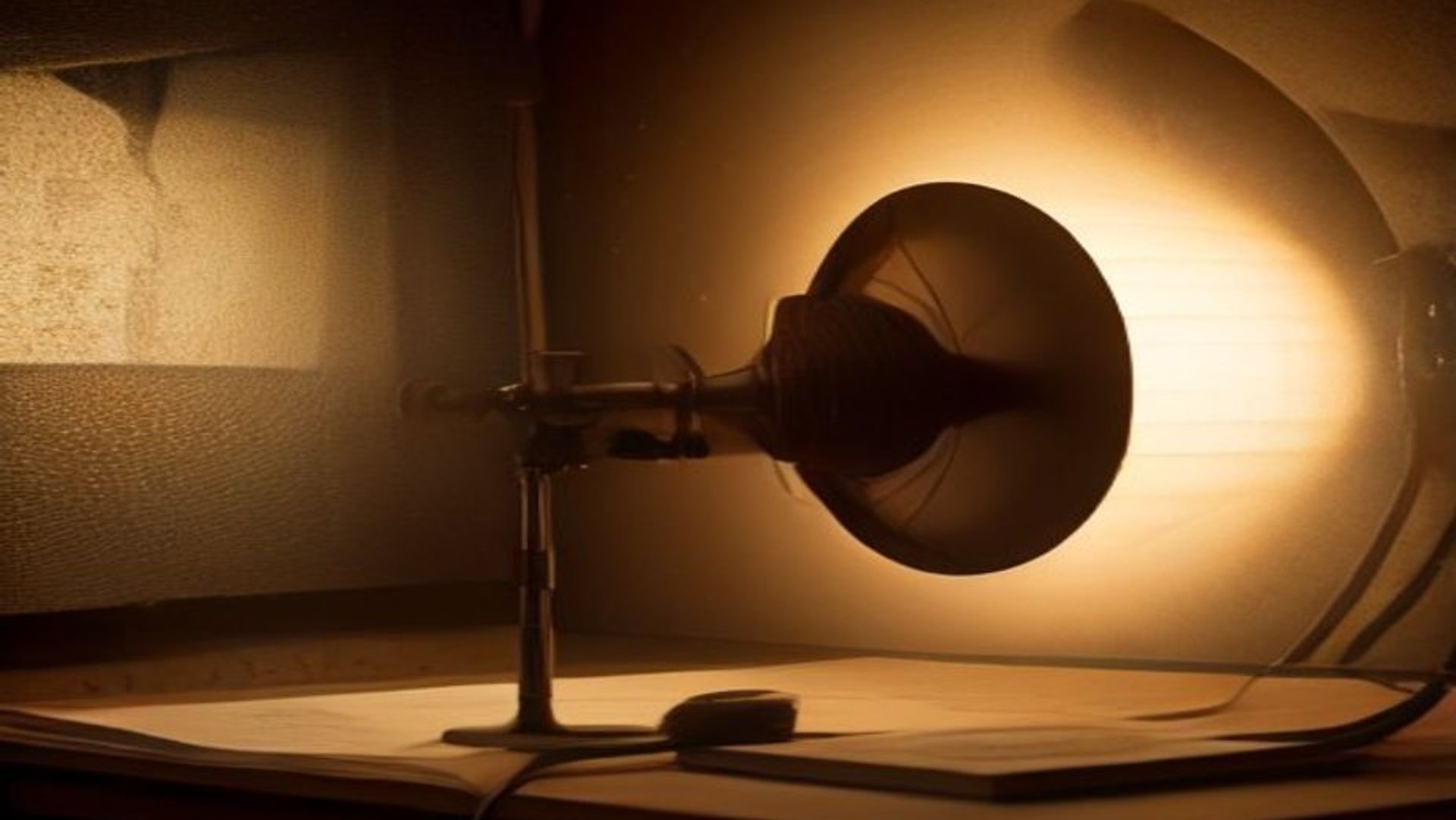 Micrófono de radio antiguo sobre un escritorio de madera en una cabina de grabación en penumbra, junto a auriculares y un libro