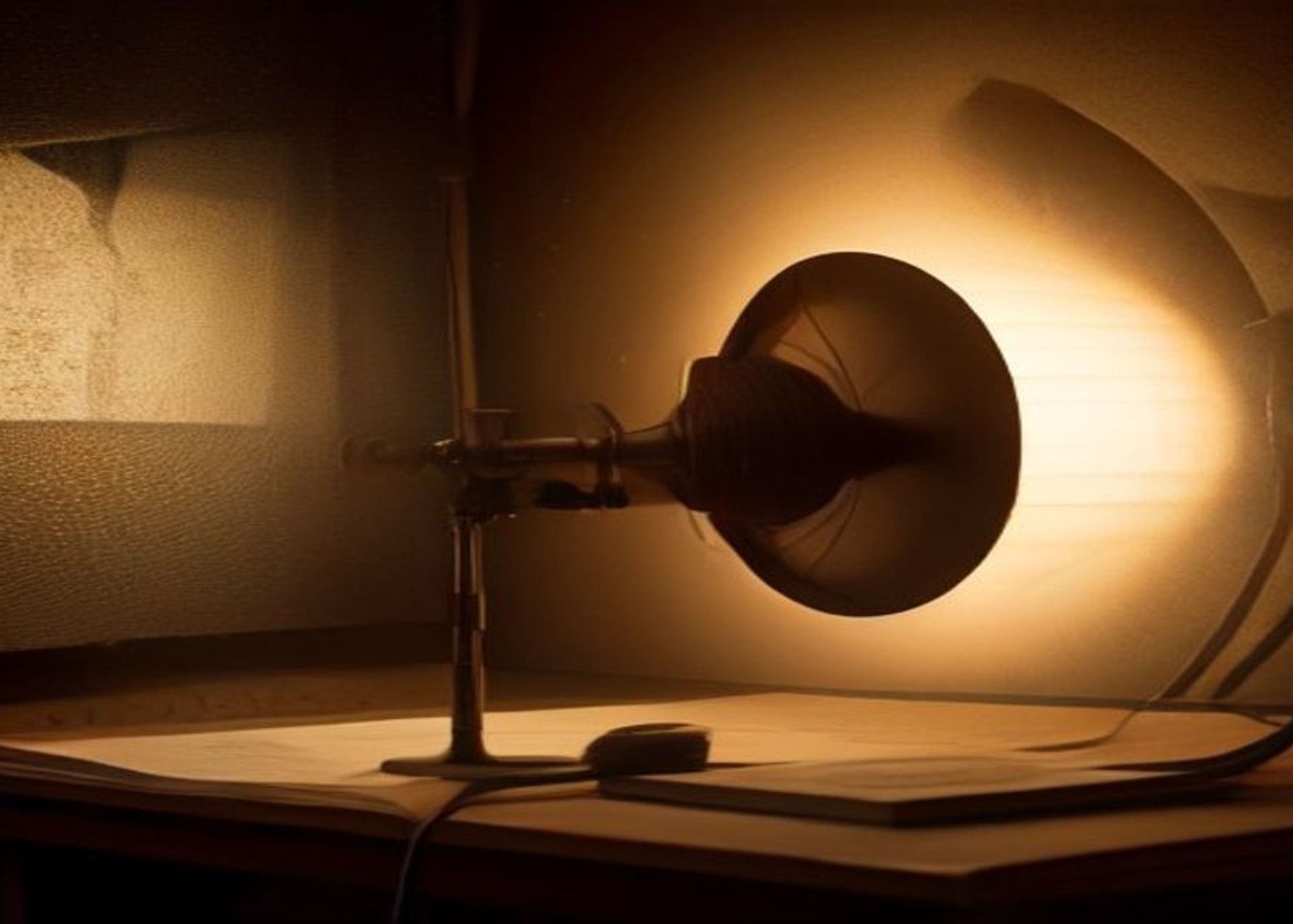 Micrófono de radio antiguo sobre un escritorio de madera en una cabina de grabación en penumbra, junto a auriculares y un libro