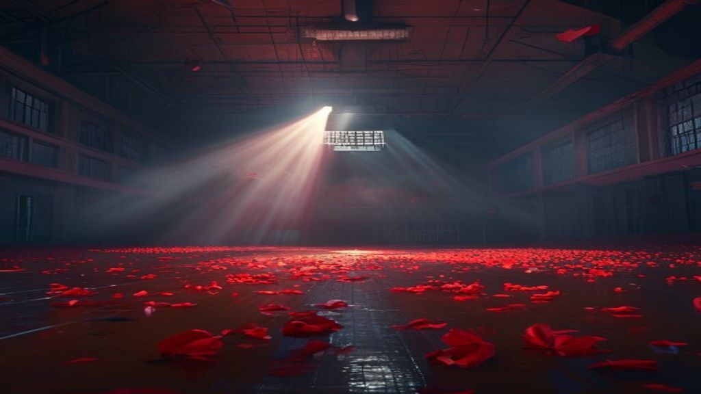 Un gimnasio escolar vacío decorado para un baile de graduación de noche, con un foco de luz y un resplandor rojo ominoso