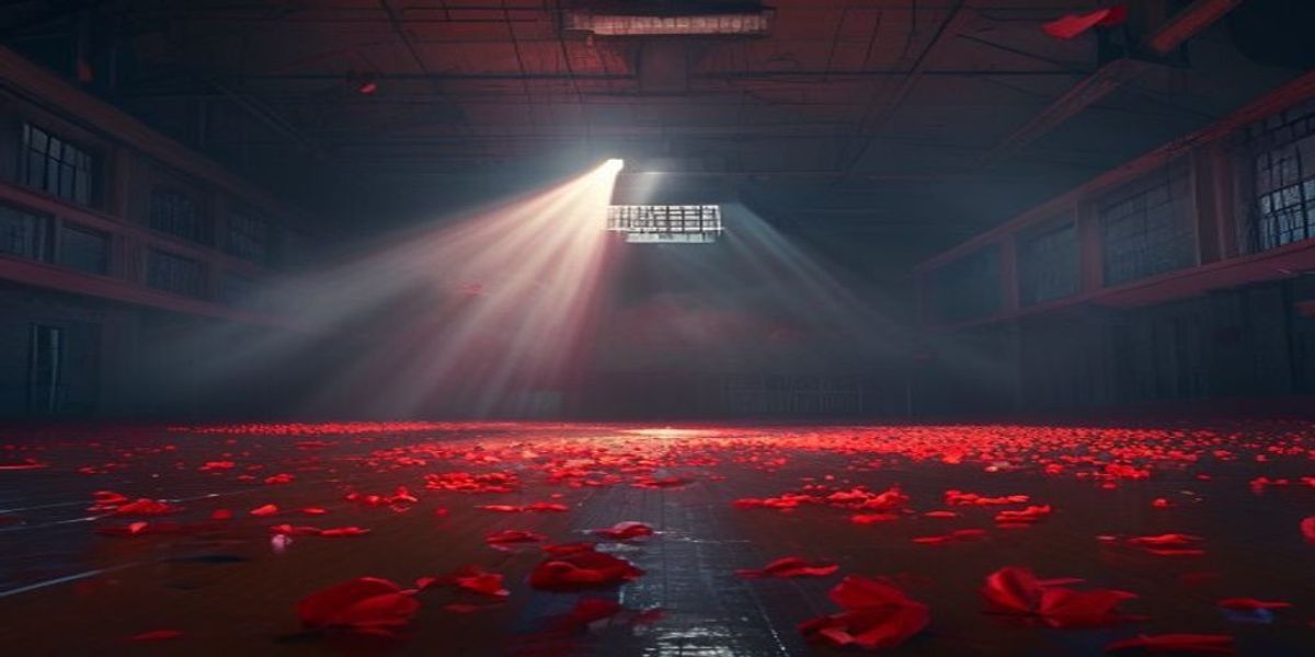 Un gimnasio escolar vacío decorado para un baile de graduación de noche, con un foco de luz y un resplandor rojo ominoso
