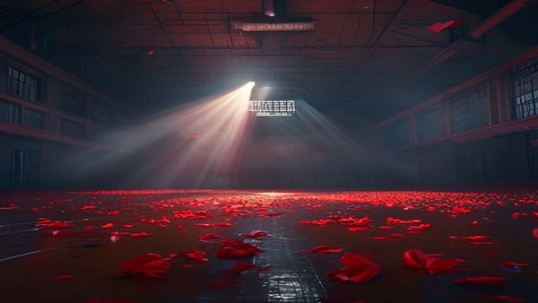 Un gimnasio escolar vacío decorado para un baile de graduación de noche, con un foco de luz y un resplandor rojo ominoso