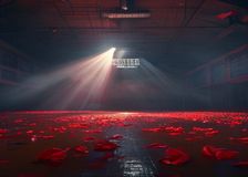 Un gimnasio escolar vacío decorado para un baile de graduación de noche, con un foco de luz y un resplandor rojo ominoso