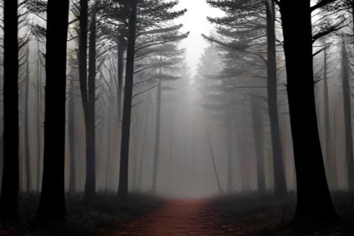 Sendero de tierra que se interna en un bosque de pinos al anochecer, con niebla entre los troncos