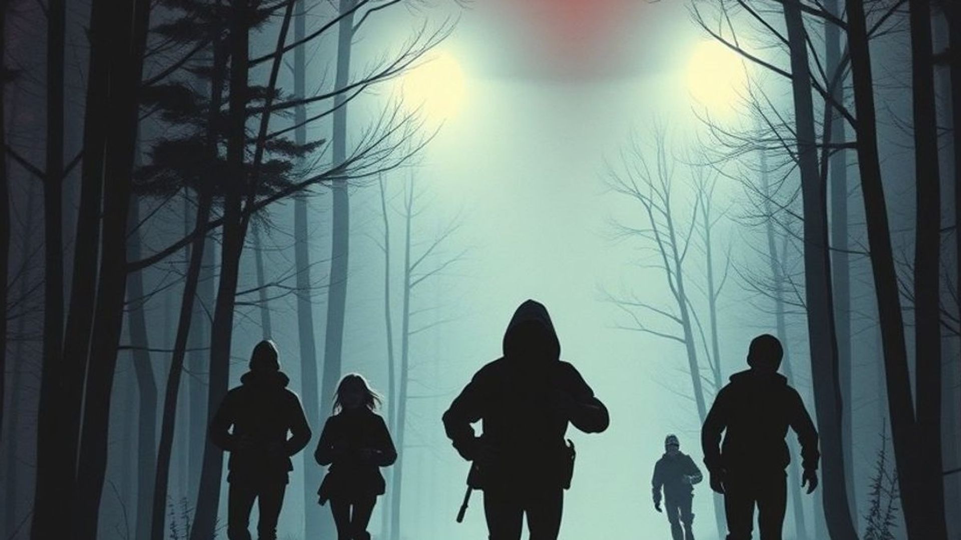 Un grupo de adolescentes huye de noche de una instalación secreta iluminada por reflectores en medio del bosque
