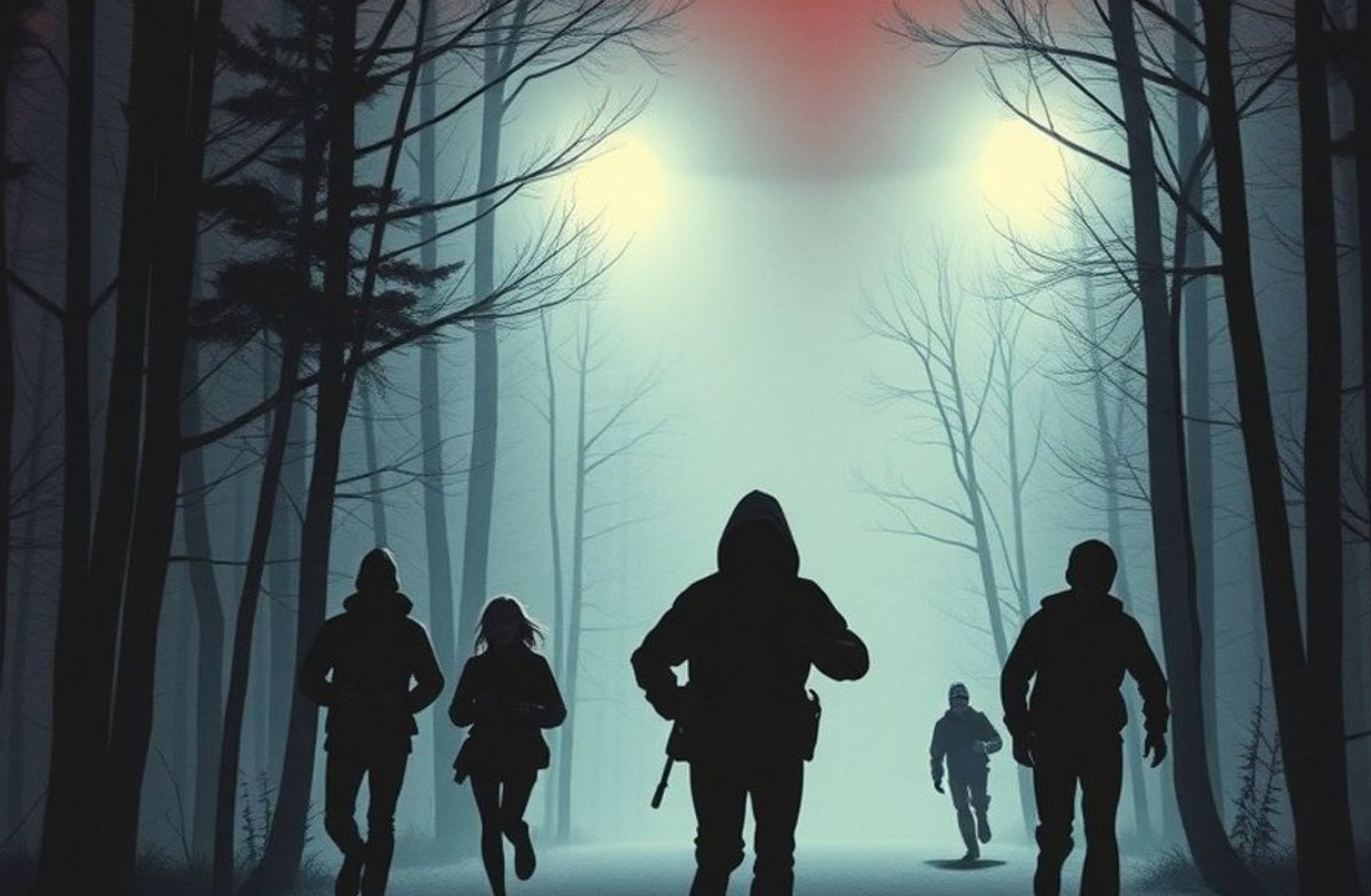 Un grupo de adolescentes huye de noche de una instalación secreta iluminada por reflectores en medio del bosque