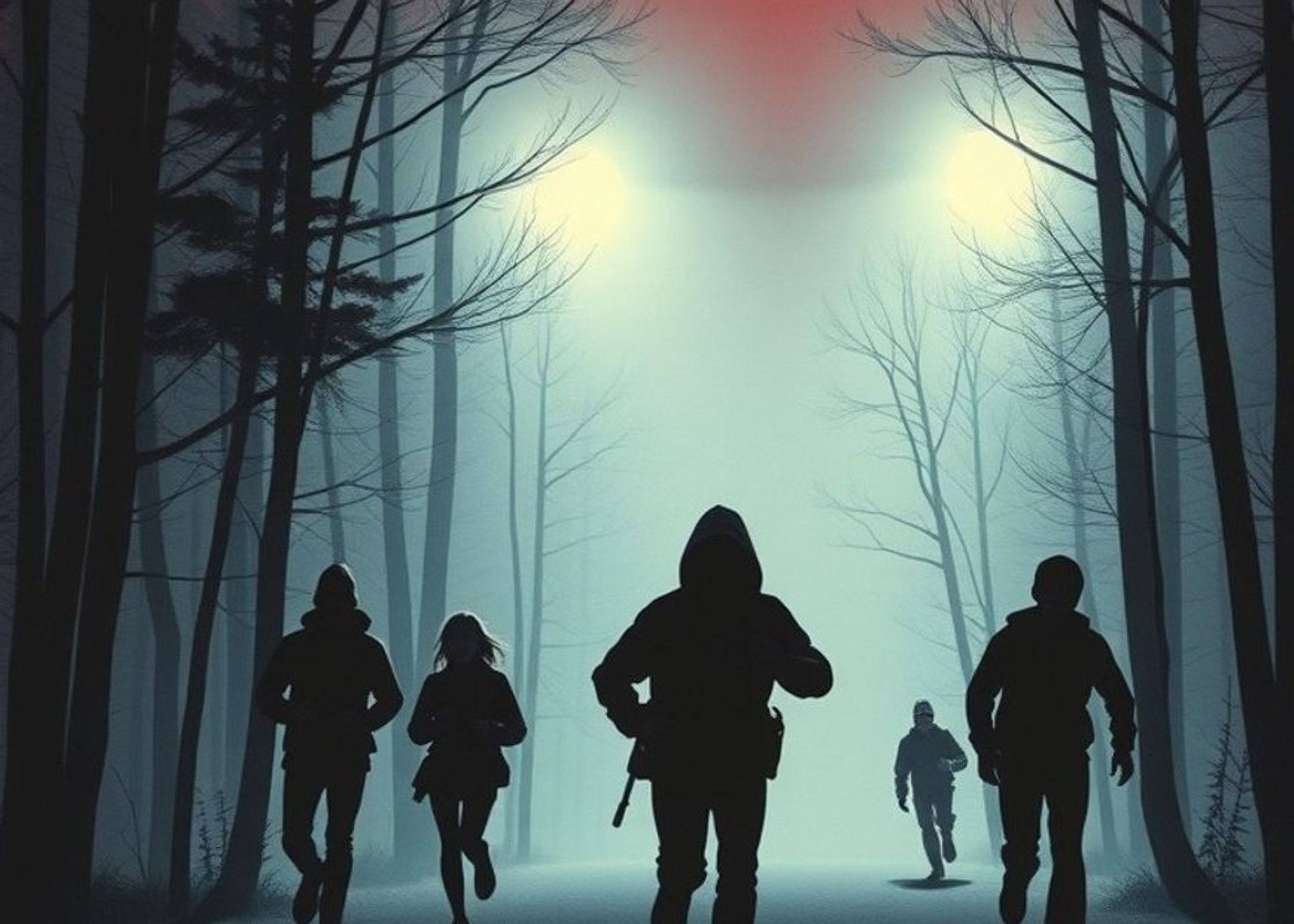 Un grupo de adolescentes huye de noche de una instalación secreta iluminada por reflectores en medio del bosque