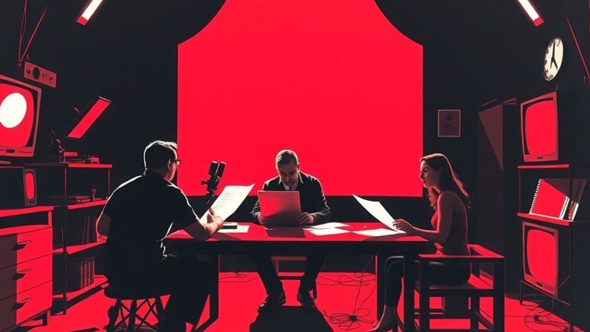 Sala de guionistas trabajando en una serie de terror