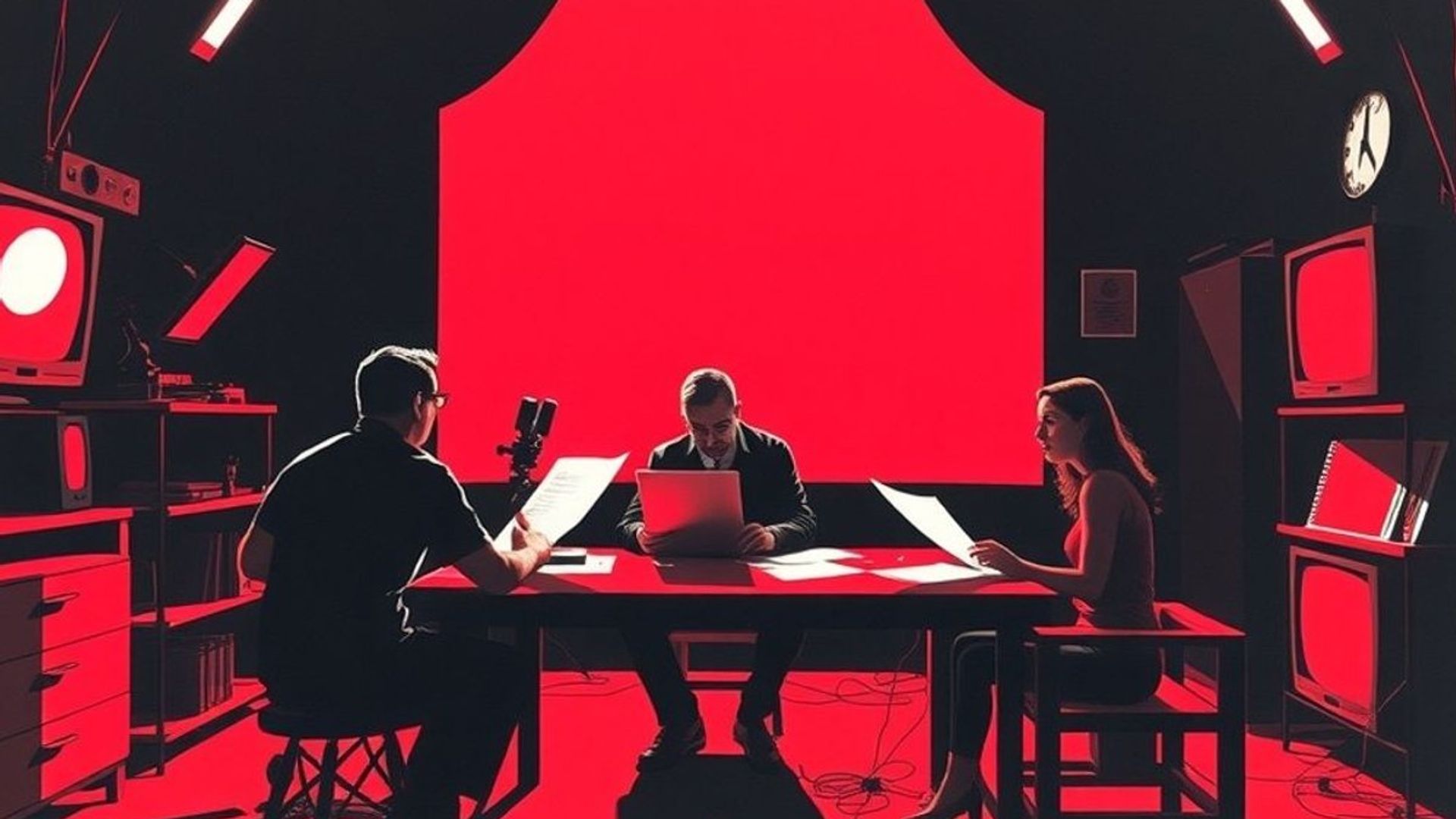 Sala de guionistas trabajando en una serie de terror