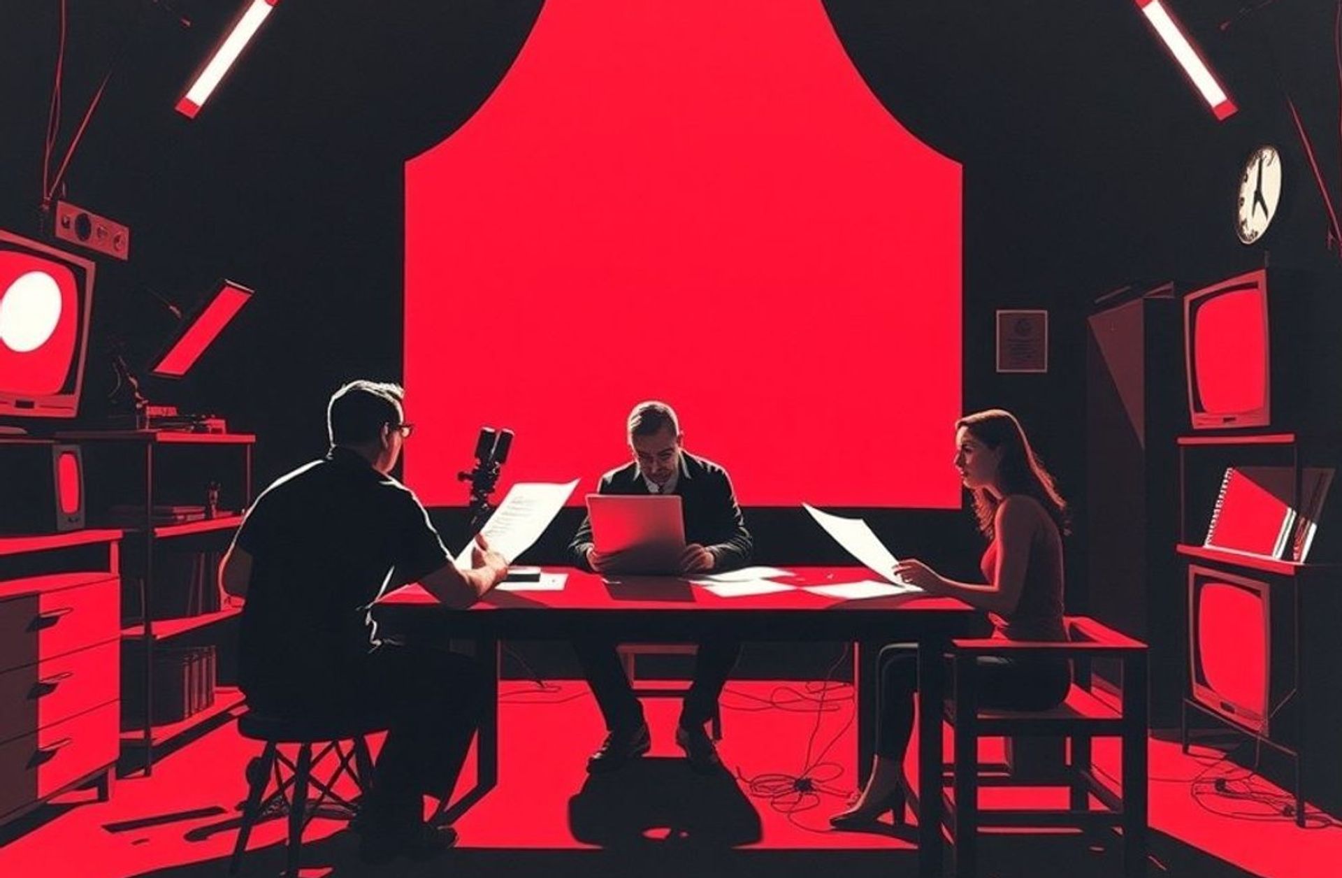 Sala de guionistas trabajando en una serie de terror