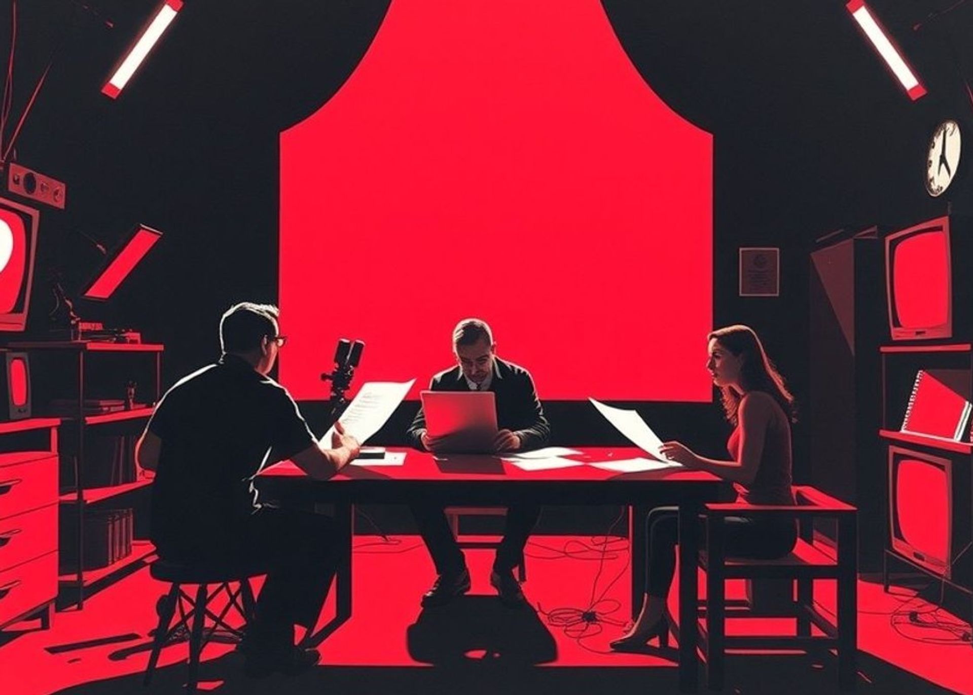 Sala de guionistas trabajando en una serie de terror