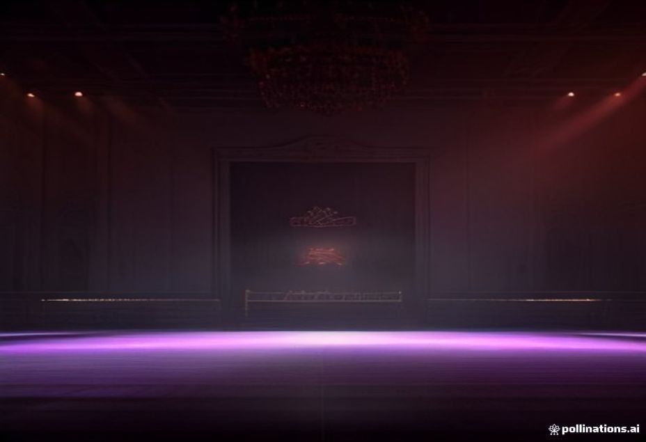 Gimnasio escolar decorado para un baile de graduación, bañado en luz roja, con una corona sobre una silla en el escenario vacío