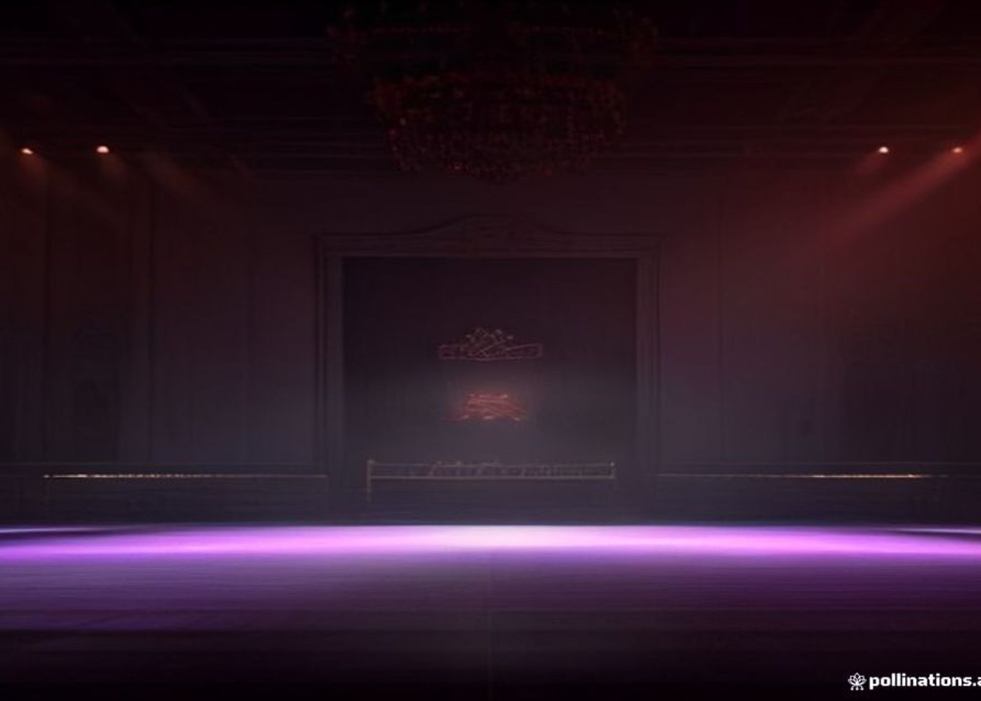 Gimnasio escolar decorado para un baile de graduación, bañado en luz roja, con una corona sobre una silla en el escenario vacío