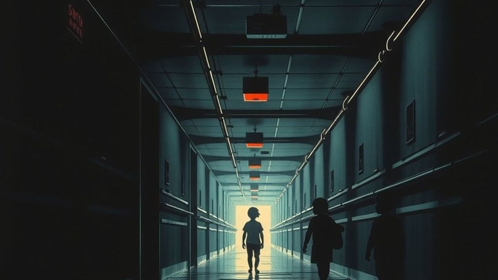 Un corredor institucional oscuro con luces fluorescentes y siluetas de niños al fondo, atmósfera opresiva