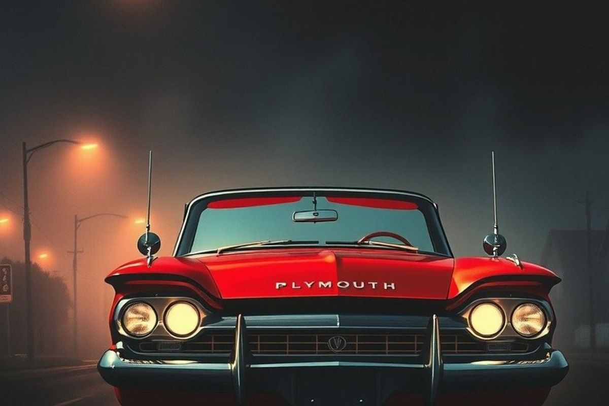Plymouth Fury rojo de 1958 en una calle suburbana vacía de noche, con los faros encendidos y niebla