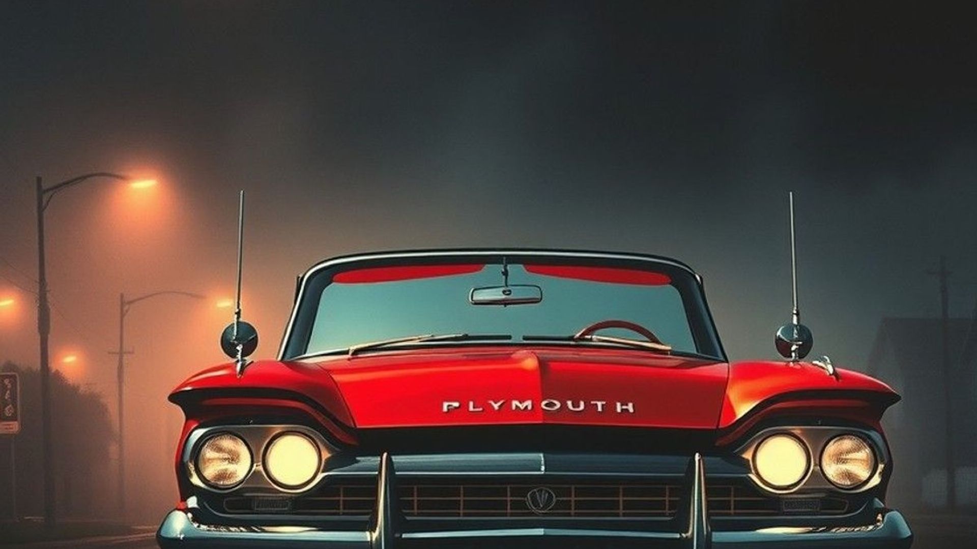 Plymouth Fury rojo de 1958 en una calle suburbana vacía de noche, con los faros encendidos y niebla