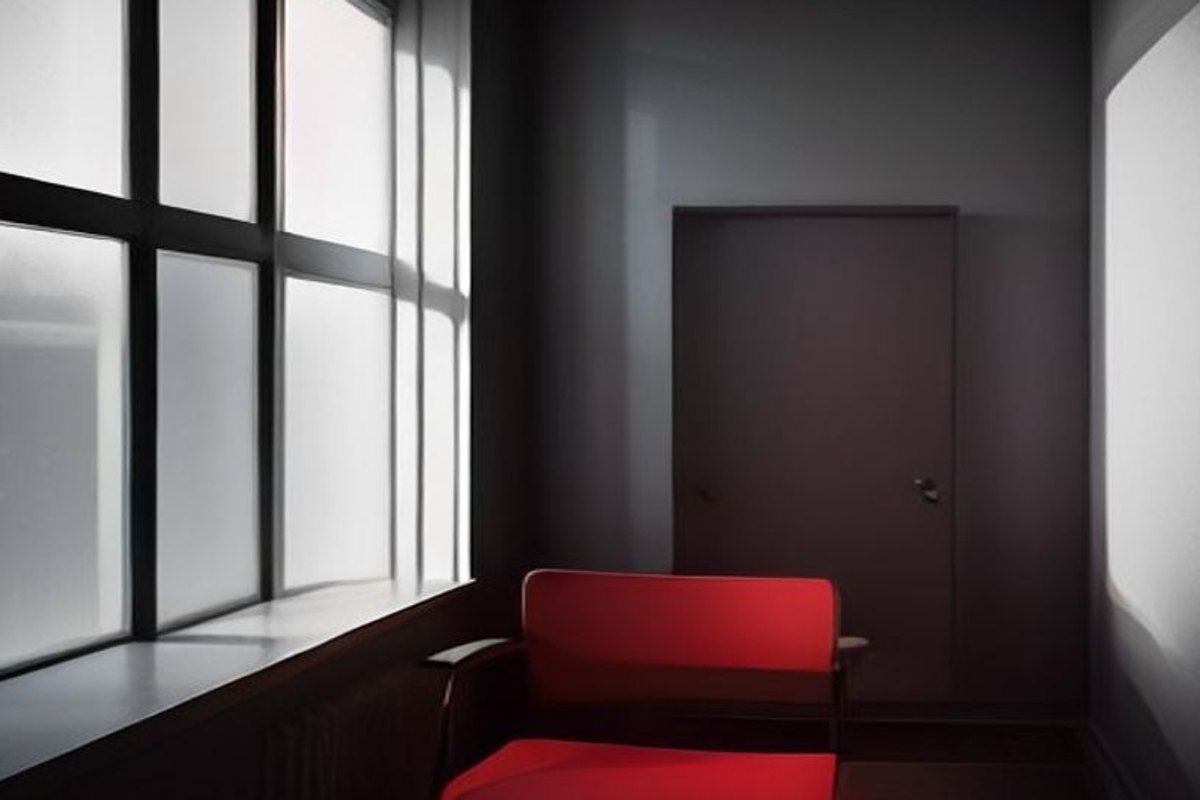 Estudio de escritor vacío al atardecer, con los estantes desnudos y cajas embaladas en el piso