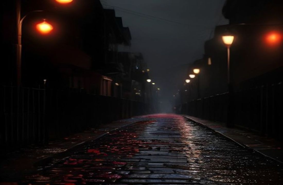Cinco libros de bolsillo apilados junto a un estuche abierto, en una vereda mojada de noche, con una alcantarilla y un globo rojo