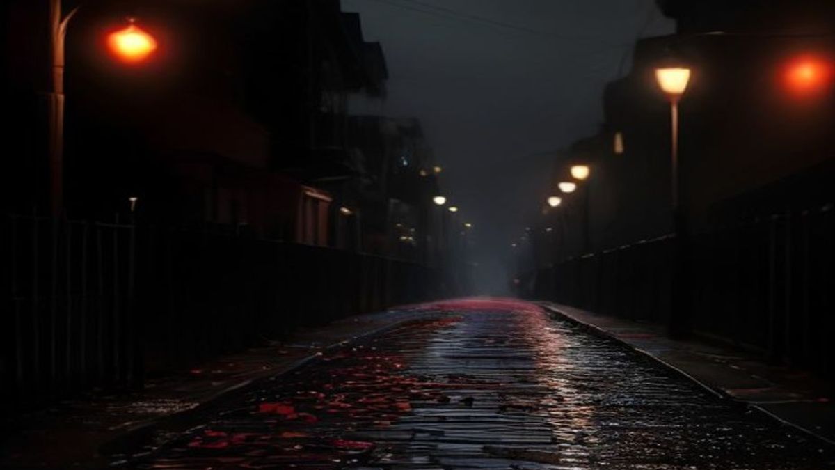 Cinco libros de bolsillo apilados junto a un estuche abierto, en una vereda mojada de noche, con una alcantarilla y un globo rojo