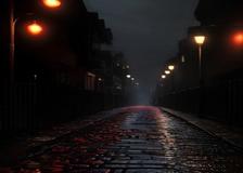Cinco libros de bolsillo apilados junto a un estuche abierto, en una vereda mojada de noche, con una alcantarilla y un globo rojo
