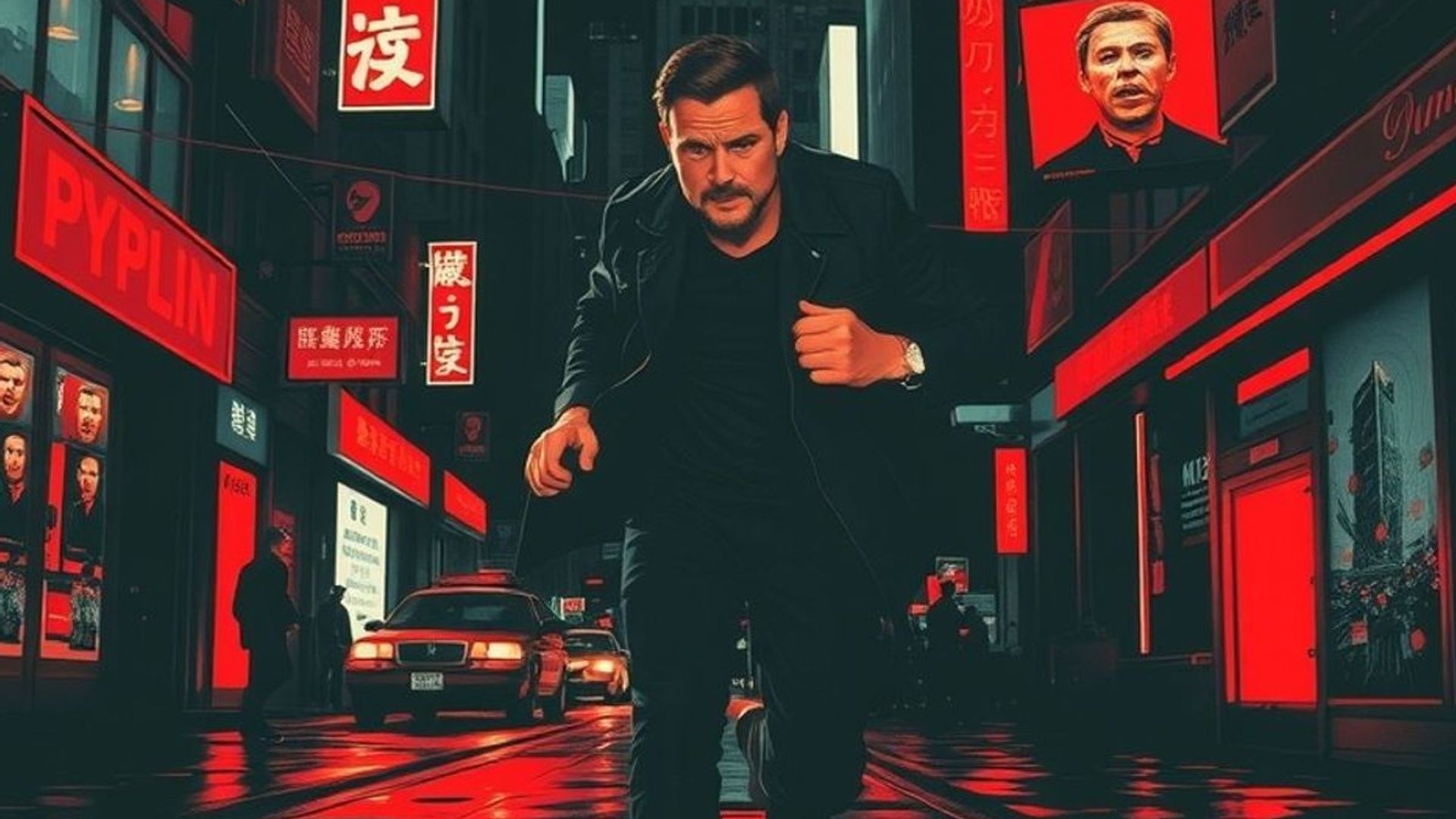 Hombre huyendo por calles urbanas oscuras con pantallas de televisión mostrando su rostro, atmósfera distópica de thriller