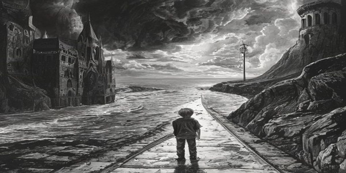 Una ilustración a pluma en blanco y negro de un niño en el umbral entre dos mundos, un reino de fantasía medieval y una carretera costera