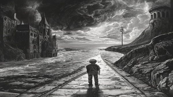 Una ilustración a pluma en blanco y negro de un niño en el umbral entre dos mundos, un reino de fantasía medieval y una carretera costera