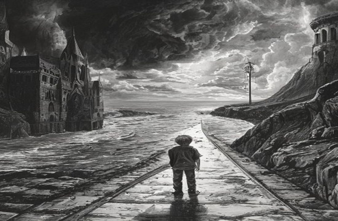 Una ilustración a pluma en blanco y negro de un niño en el umbral entre dos mundos, un reino de fantasía medieval y una carretera costera