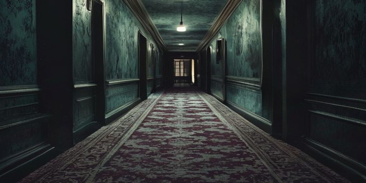 Un pasillo de hotel vacío y simétrico que se pierde en la penumbra, con luz fría y sensación de aislamiento