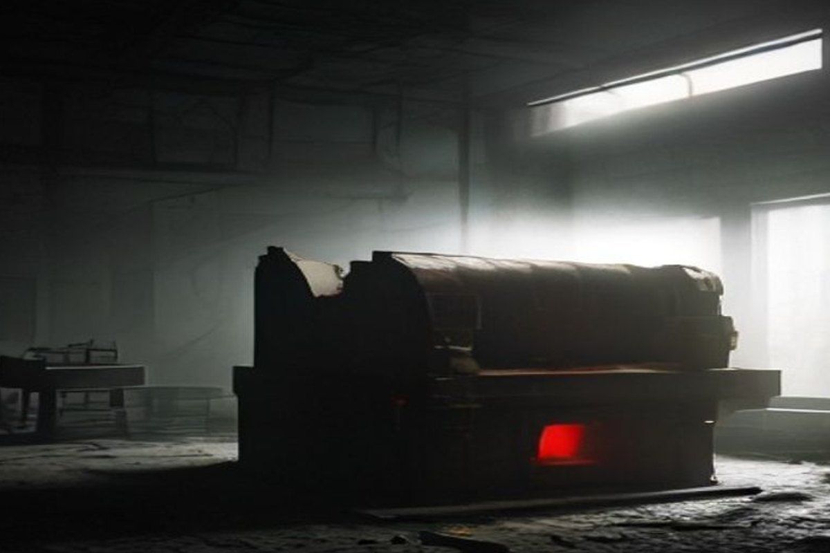 Imprenta abandonada en un sótano con pilas de periódicos, atmósfera post-apocalíptica de pueblo chico, partículas de polvo en un rayo de luz