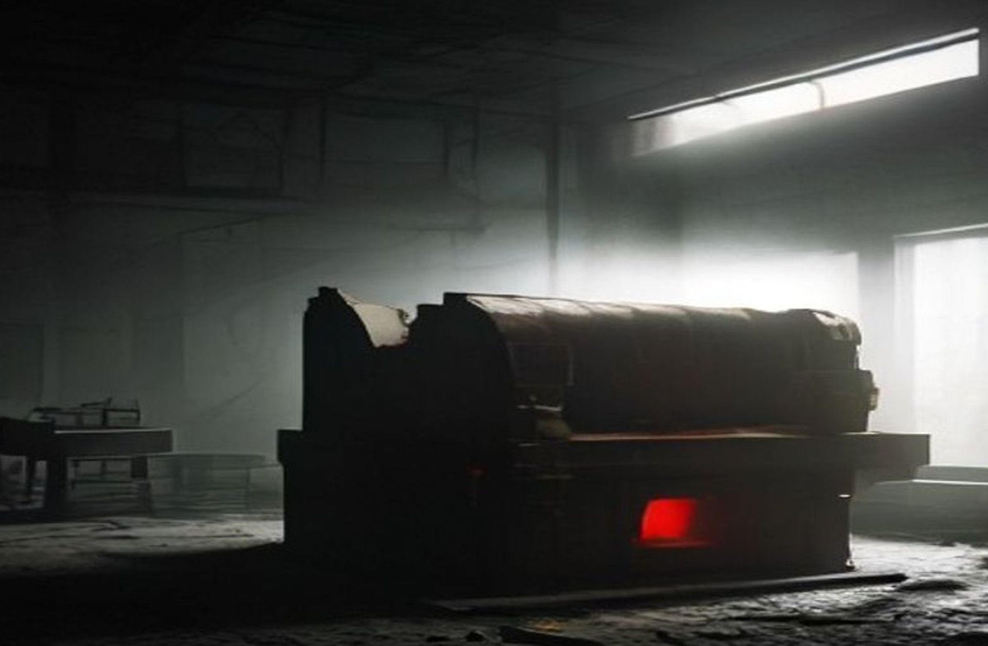 Imprenta abandonada en un sótano con pilas de periódicos, atmósfera post-apocalíptica de pueblo chico, partículas de polvo en un rayo de luz
