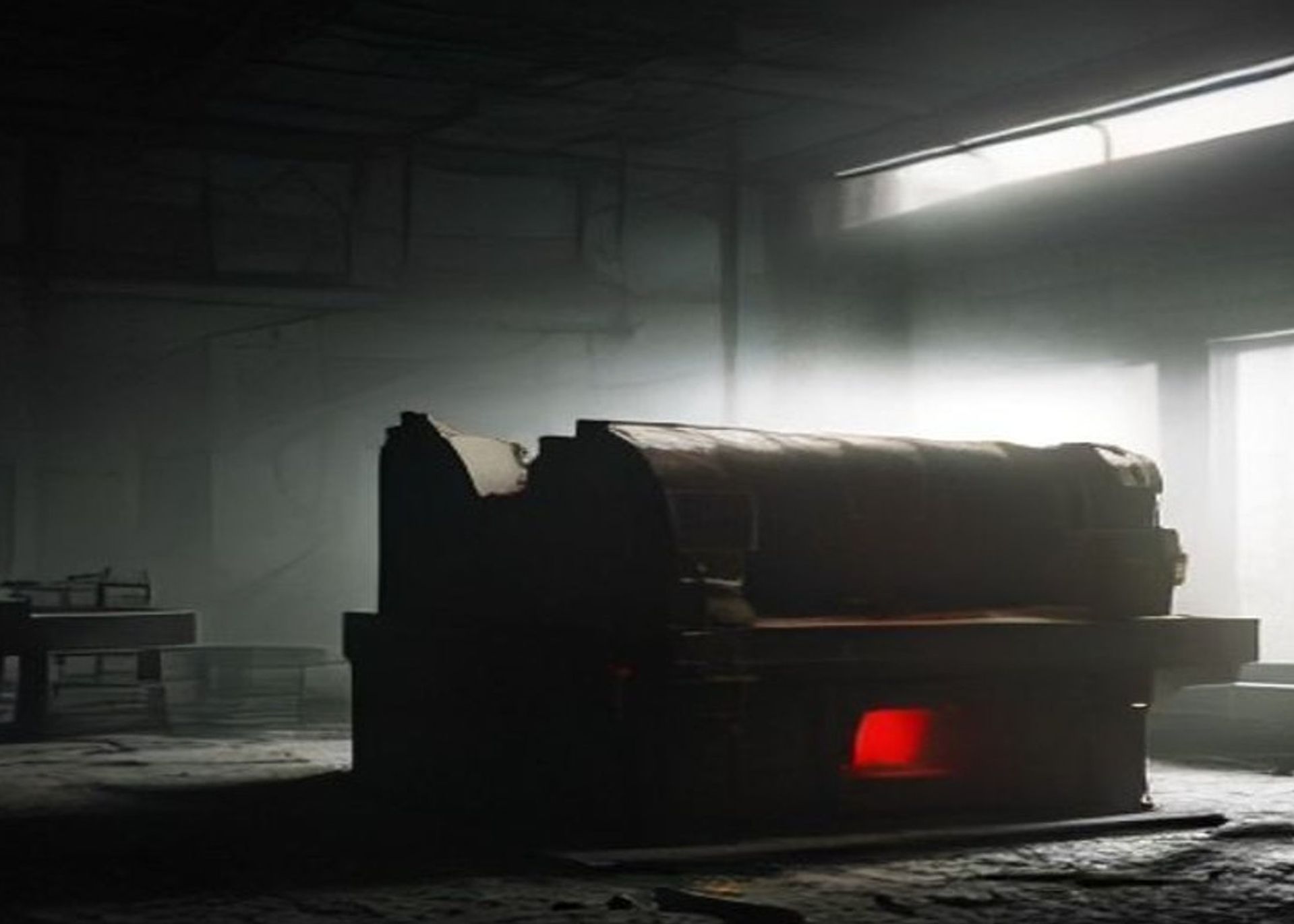 Imprenta abandonada en un sótano con pilas de periódicos, atmósfera post-apocalíptica de pueblo chico, partículas de polvo en un rayo de luz