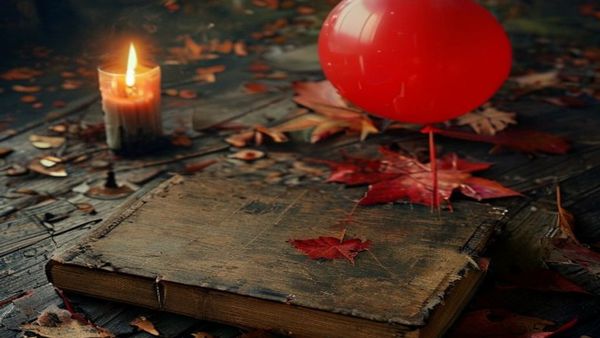Una novela de terror de tapa dura de los años ochenta sobre una mesa, junto a un globo rojo y hojas de otoño, iluminada por velas